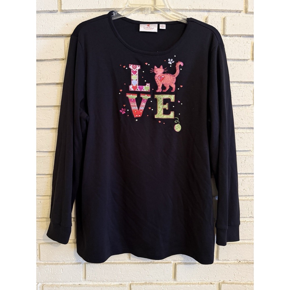 Quacker Factory Love My Pet Cat Knit Top Black Long Sleeve Size Large